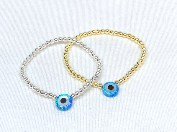 3MM Bead Bracelet - Opal Evil Eye